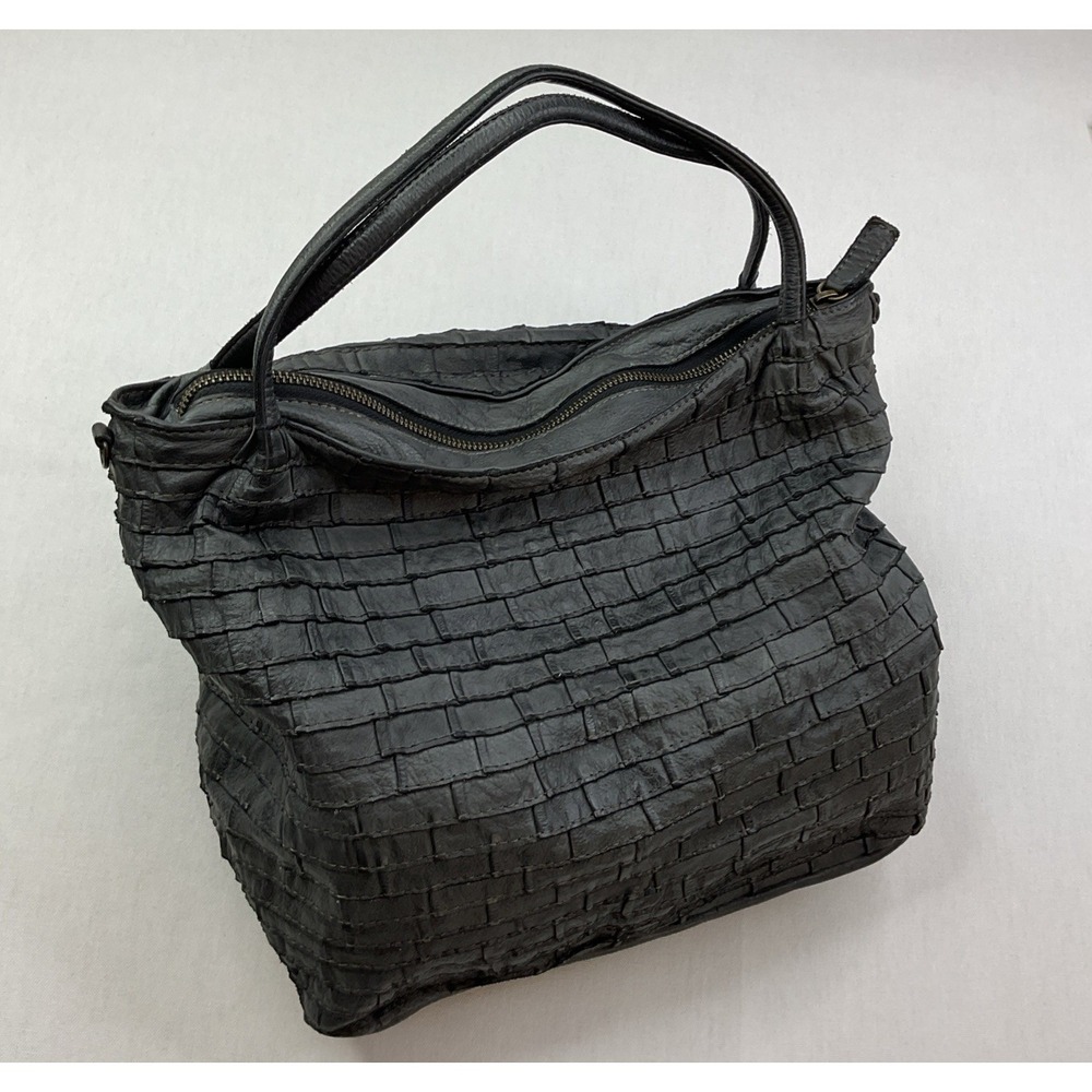 Majo Italy Textured Leather Top Handle Handbag Purse Black Pleated Gold Hardware
